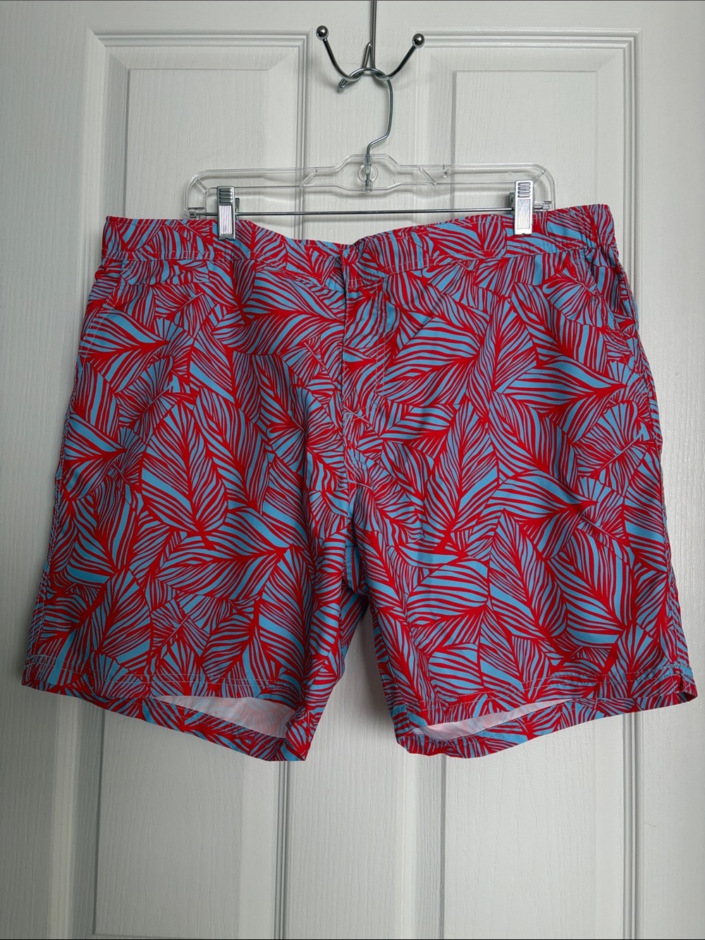 Capelle Red & Light Blue Leaf-Print Swim Trunks.  Designed in Miami.
